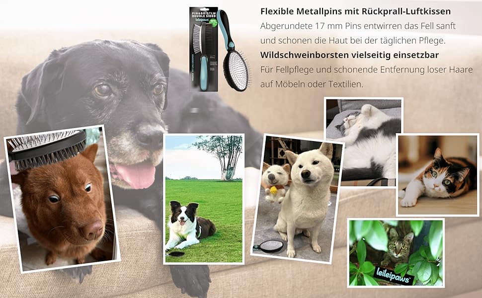 Двостороння щітка для собак та котів - розпушувач для довгої та короткої шерсті, металеві щетинки та натуральна щетина, ергономічна ручка TPR, м'який та ефективний догляд за шерстю (Синьо-Чорний)