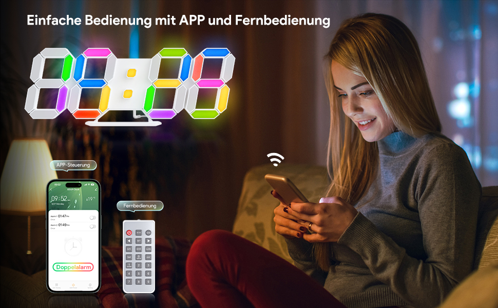 3D LED годинник-будильник EDUP HOME 9,7'' з RGB підсвіткою, безшумний, цифровий, USB, 7 кольорів, дата, температура, додаток і пульт, для спальні, вітальні, офісу