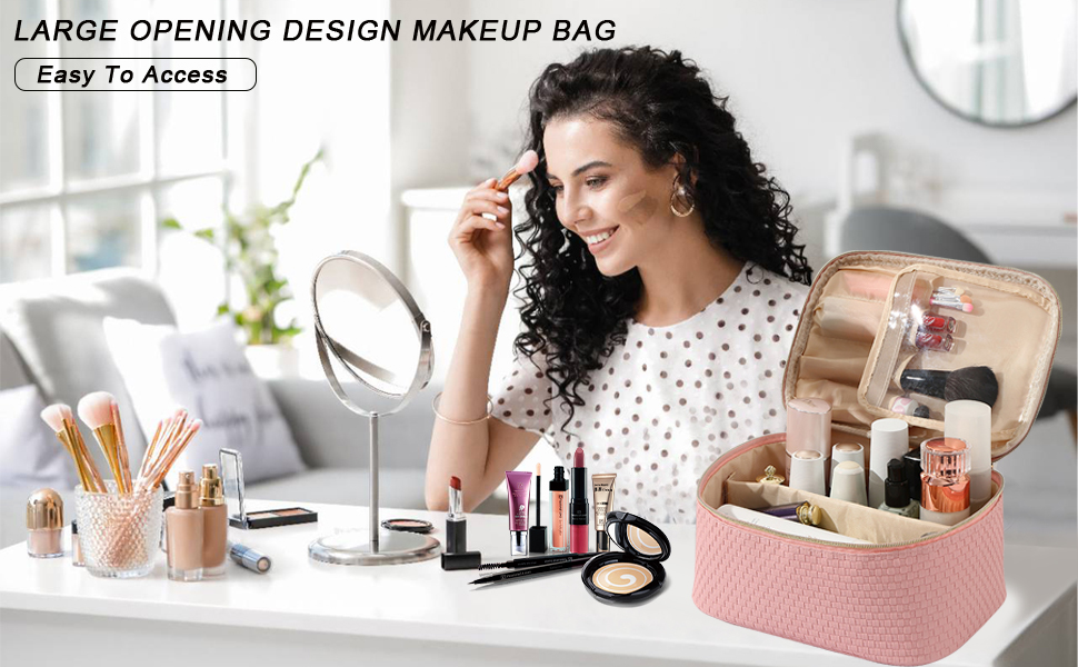 Жіноча косметичка для подорожей, водонепроникна, з відділенням для пензлів, з PU шкіри, велика, органайзер, сумка для макіяжу (Хвилястий зелений) (Світло-рожевий)
