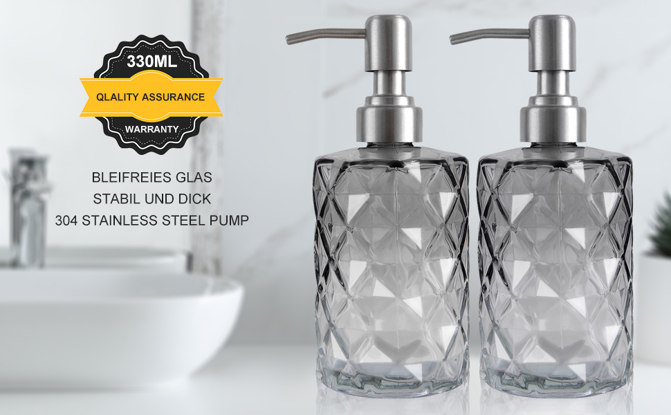 Дозатор мила скляний для ванної кімнати, наповнюваний помповий дозатор для кухні з нержавіючим тримачем, 2 підставки, 330 мл, вінтажний дозатор мила з матовим насосом (сірий)