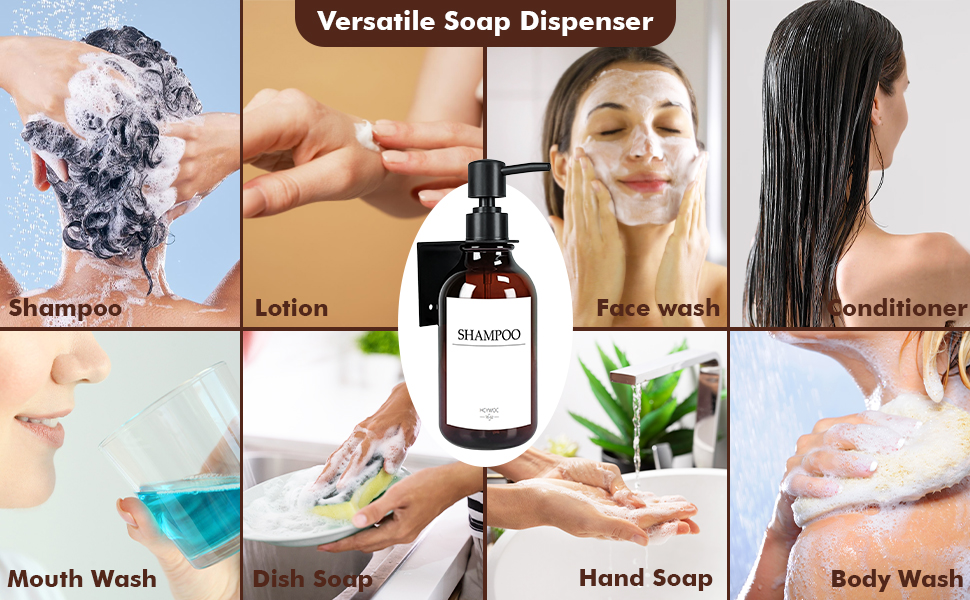 Набір дозаторів для мила та шампуню на стіну, 500 мл, 3 шт. з етикетками, без свердління, для ванної кімнати, янтарно-коричневий, чорний насос