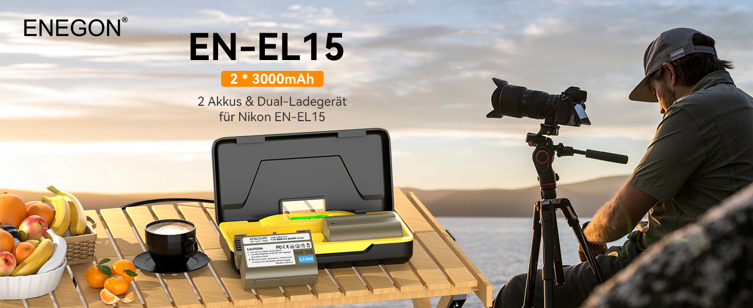 Комплект ENEGON: 2 акумулятори EN-EL15/EL15C (3000mAh) та швидкий зарядний пристрій 20W для Nikon Z5, Z6, Z7, Z8, Z6iii, ZF, D7000, D7100, D7200, D7500, D600, D610, D800, D810, D850