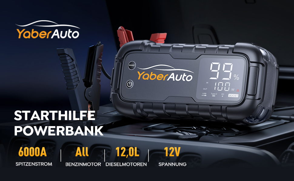 YaberAuto Powerbank для запуску двигуна, 6000A, 65W USB-C PD, 26800mAh, для бензинових та дизельних двигунів (12.0L), з LED-ліхтарем 600 люмен