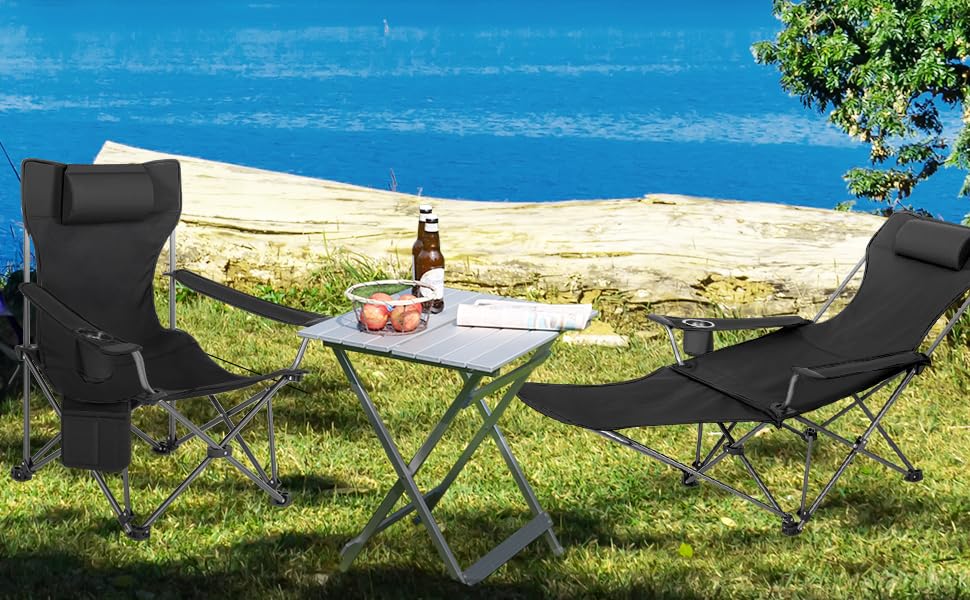 Набір кемпінгових стільців WOLTU 2 шт. зі спинкою та підставкою для ніг, пляжний стілець-трансформер з підсклянником та сумкою для зберігання, для кемпінгу, риболовлі, відпочинку (Чорний)