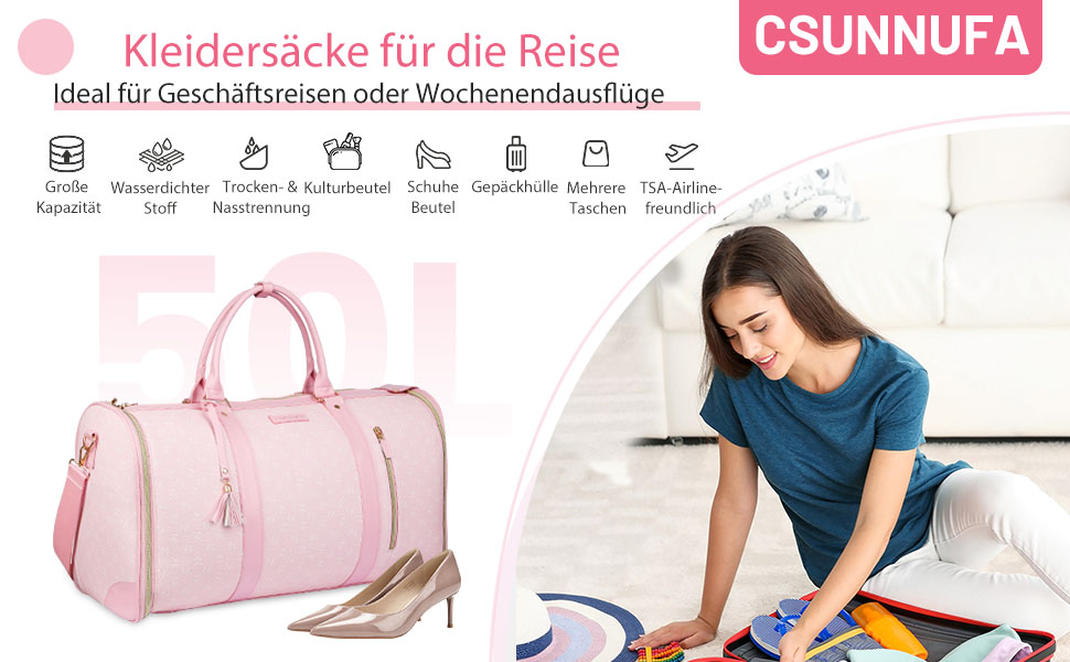 Сумка-трансформер для подорожей 50 л, 2-в-1 з водонепроникним відділенням для взуття та системою проти зминання – для жінок та чоловіків, ідеальна для ділових поїздок та відпочинку (Рожева)