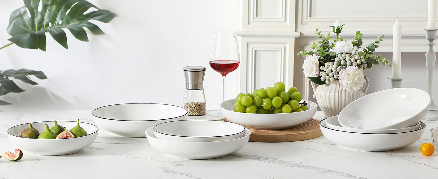 MALACASA Набір посуду 6 шт. з порцеляни: тарілки для пасти, супу, салату, сервірування. Білий з чорним обідком, 1250 мл