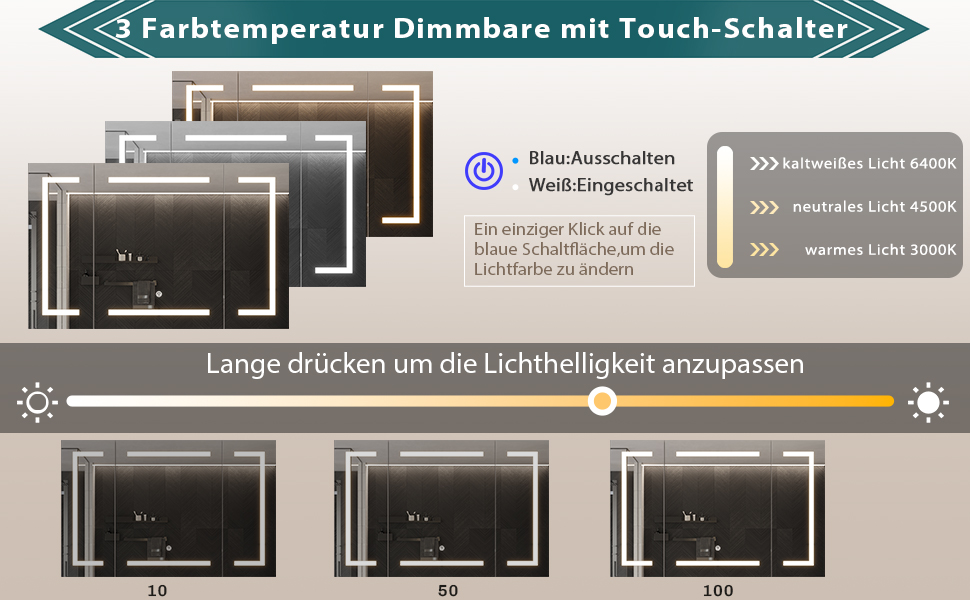 Дзеркальна шафа для ванної кімнати Dictac з LED-підсвічуванням та розеткою, 100x60x13.5 см, метал, полиці, 3 колірні температури, диммування, сенсорний вимикач, білий