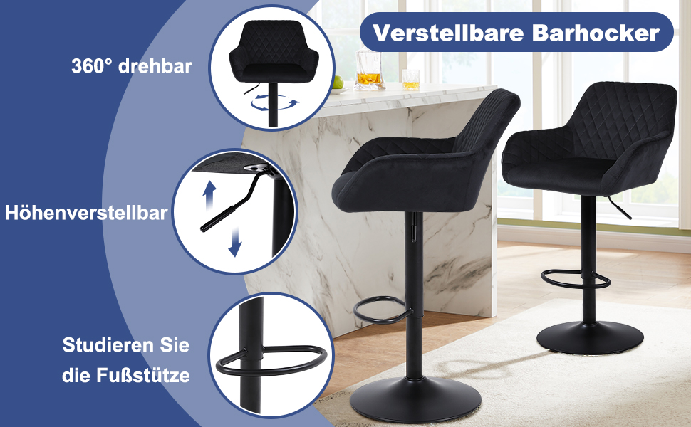Ralex Velvet Bar Stools 2-Pack - Adjustable Swivel Bar Chairs with Backrest & Armrests for Kitchen, Bar & Counter - Black