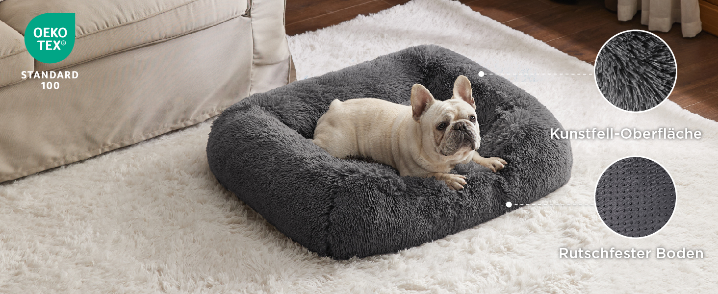 Ліжко для собак BEDSURE середнє 76x61x18 см, м'яке, квадратне, з бортиками, протиковзке дно, для середніх порід, сіре, що переться