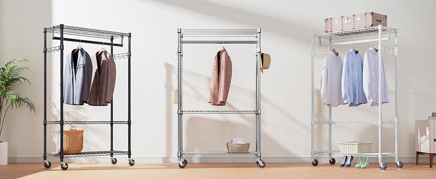 Міцний мобільний вішак для одягу з 3 рівнями, регульовані полиці, 2 штанги та гачки - 40x75x189.3 см (хром)
