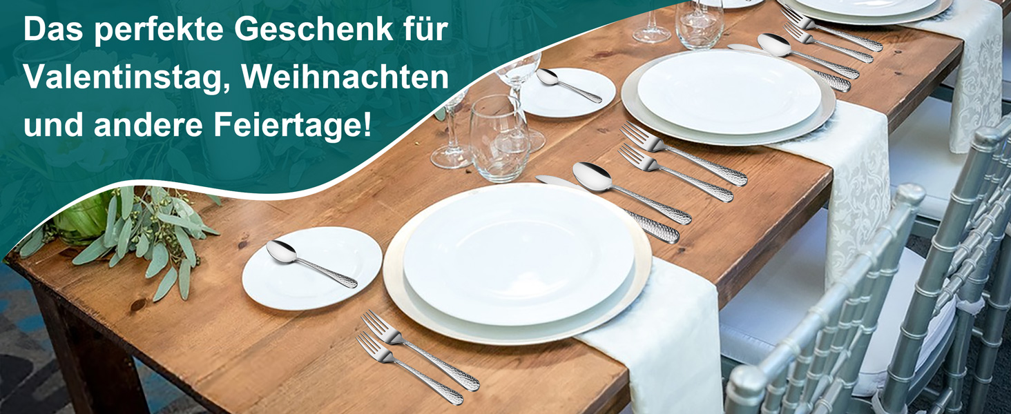 Набір столових приборів Joyfair на 6 осіб (60 предметів), нержавіюча сталь, з молотком, ніж, виделка, ложка, елегантний столовий прибор для дому/вечірки/ресторану, блискучий, придатний для миття в посудомийній машині