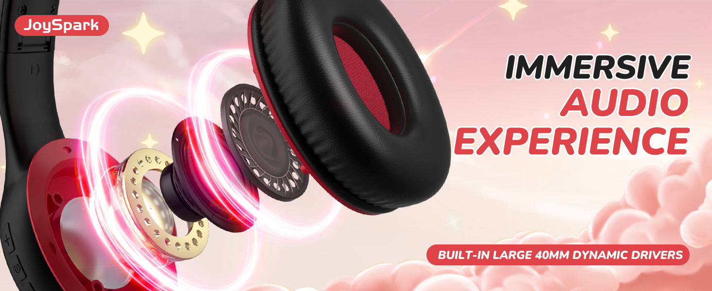 Дитячі Bluetooth навушники JoySpark з мікрофоном, 60 годин роботи, Bluetooth 5.4, Type-C, обмеження гучності 85/94 дБ, складні, чорно-червоні