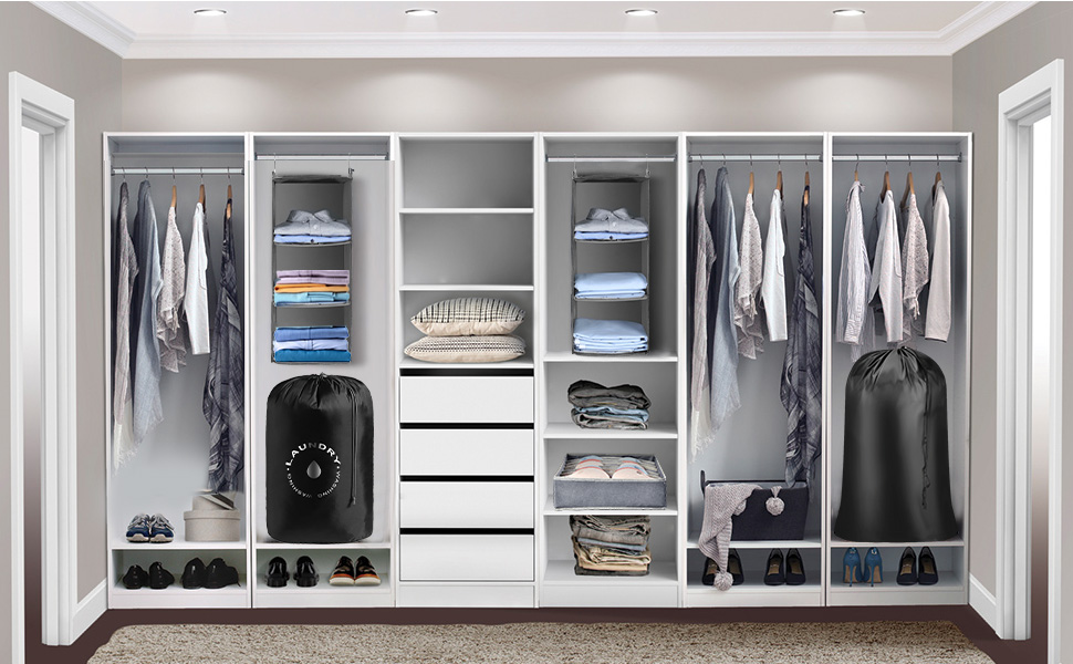 Органайзер для шафи AiQInu з 3 відділеннями, підвісний, бамбуковий, сірий (з гачками)