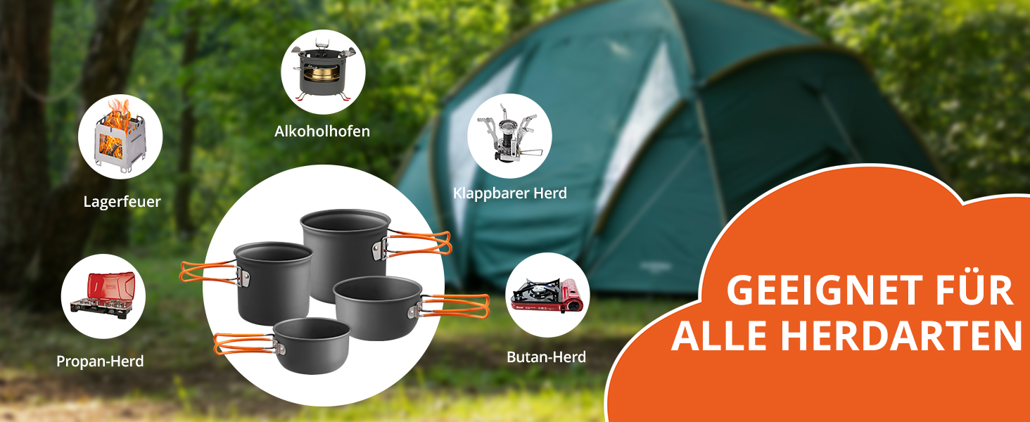 Набір посуду для кемпінгу Funykich, 19 предметів: каструлі, миски, столові прибори. Ідеально для 2 осіб, пікніків, походів. Алюміній, складаний.