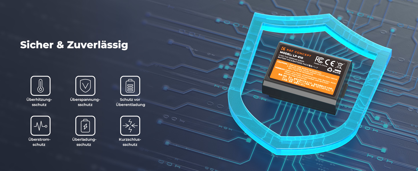 Набір акумуляторів K&F CONCEPT LP-E10 (3 шт.) з LCD-зарядним пристроєм для Canon EOS Rebel T7, T6, T5, T100, Kiss X50, X70, X80, X90, 1100D, 1200D, 1300D, 1500D, 2000D