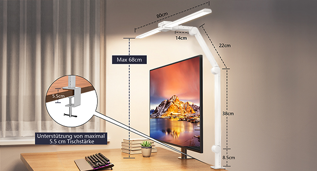 KableRika LED Desk Lamp - Dimmable 24W 80cm Dual-Head Desk Lamp with Clamp, 1200lm Eye Protection, Adjustable Gooseneck, Monitor Light, Daylight Lamp, Auto-Dimming (White)