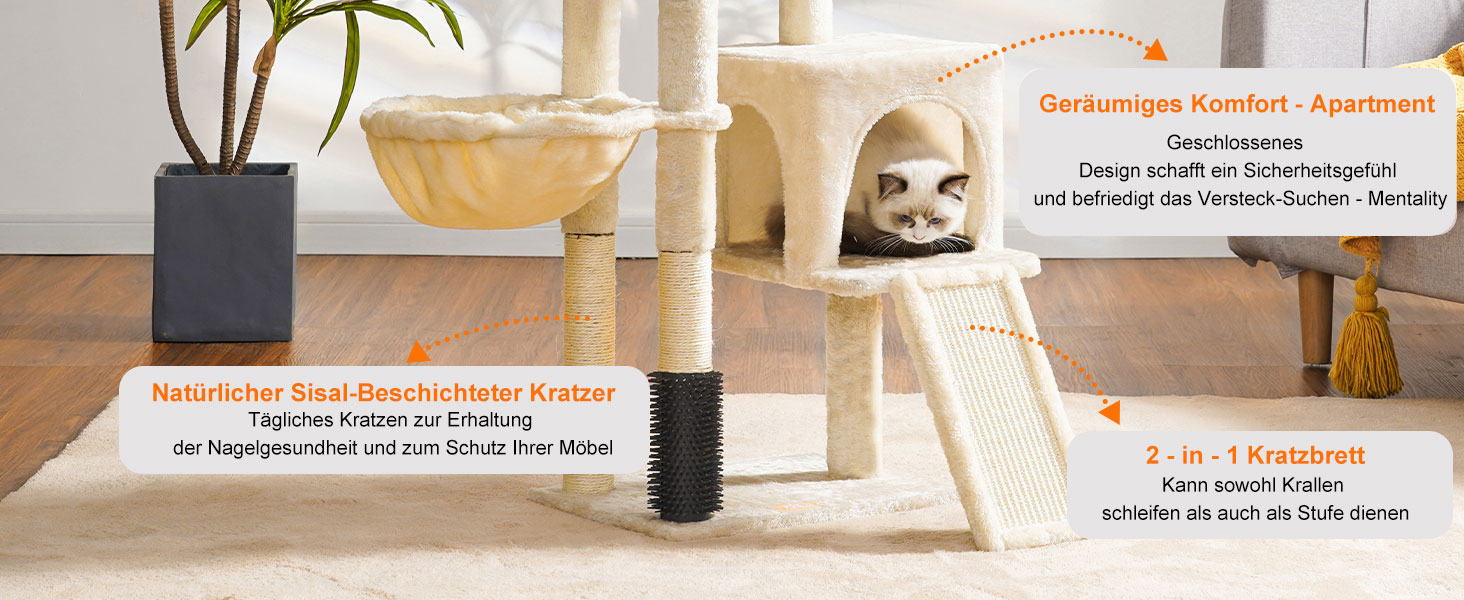 Котячий будиночок Heybly з щіткою для котів, котячий будиночок для домашніх котів з м'якою підставкою з плюшу, котячий когтетоп з кошиком, когтеточкою та когтедровом, HCT005SG (Бежевий)