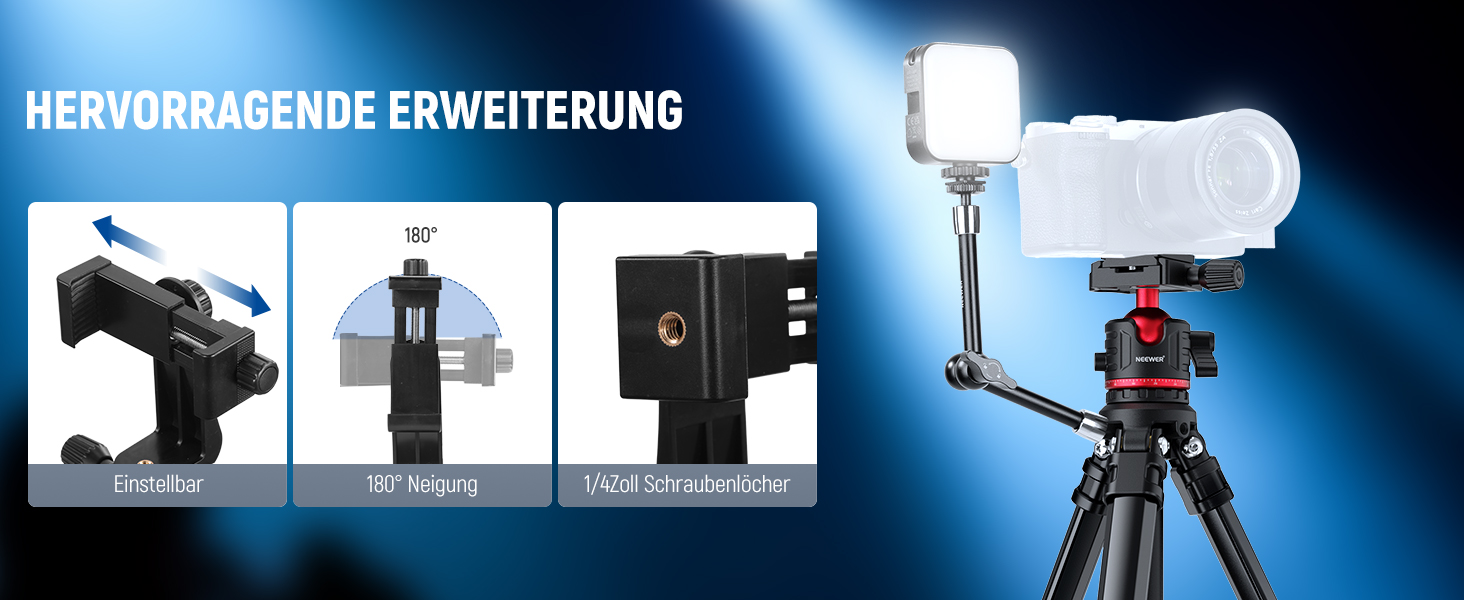 NEEWER Штатив для камери 169см, легкий, з кульковою головкою, Arca тип, тримач для телефону, максимальне навантаження 11lb, TP12