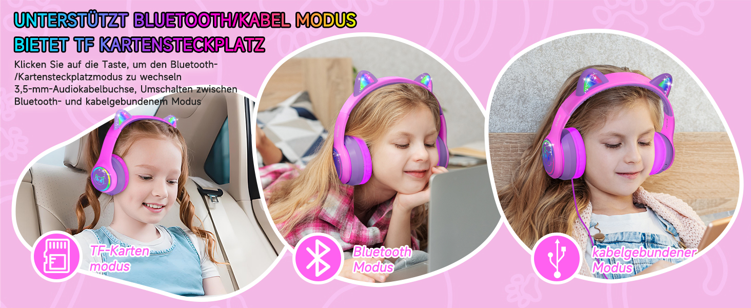 Бездротові навушники IFecco для дітей з мікрофоном, Bluetooth, LED-підсвітка, котячі вушка, рожево-фіолетові, для iPad/планшету/телефону/школи