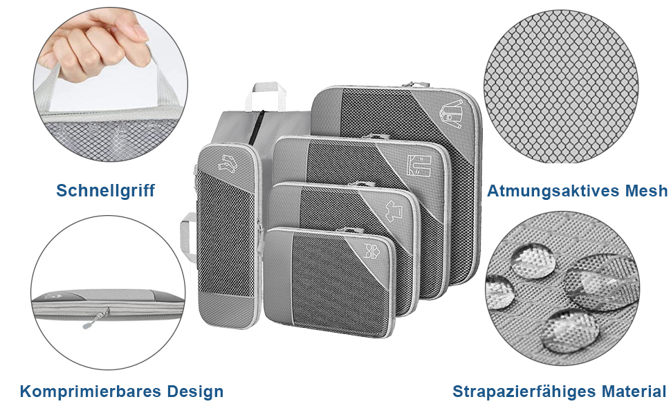 Органайзер для валізи Grau, набір 6 шт. (Compression Packing Cubes), для подорожей, рюкзака, ручної поклажі сірого кольору