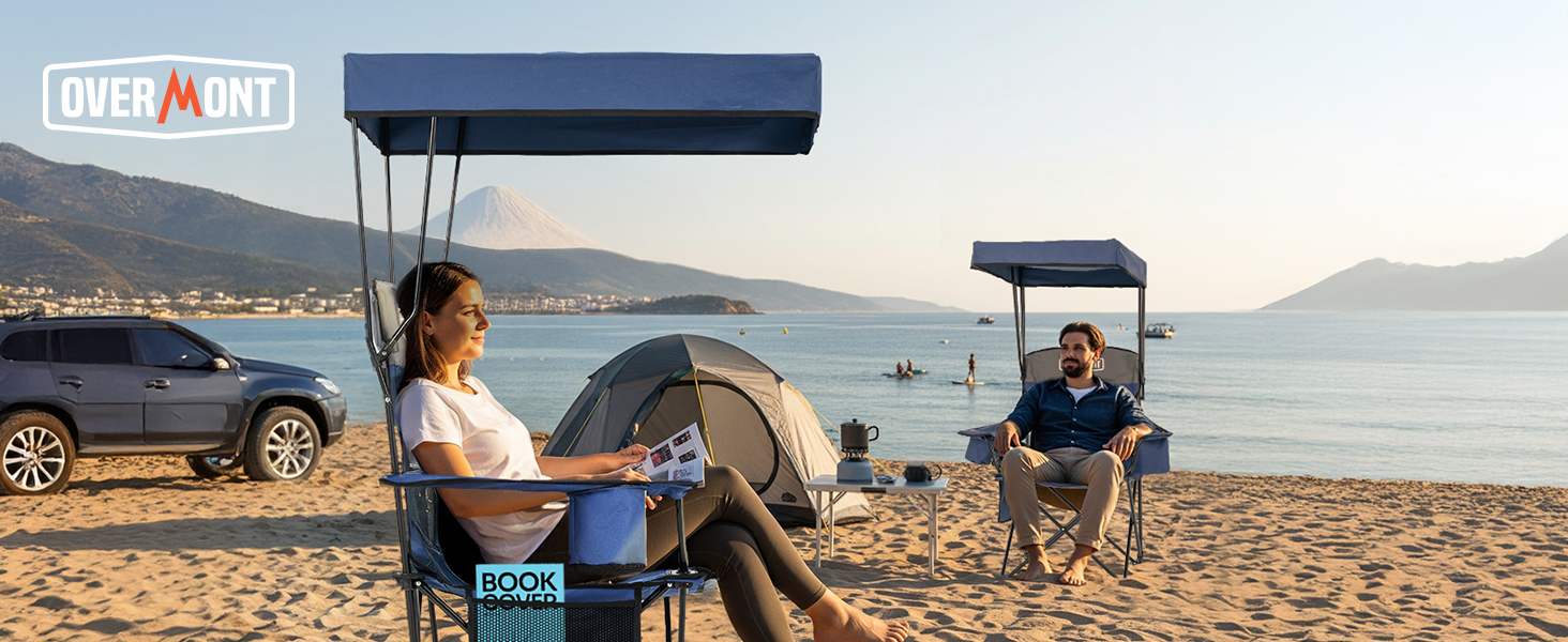 Кемпінговий стілець Overmont зі спадковим дахом, підсклянником та охолоджуючим кишенем - блакитно-сірий