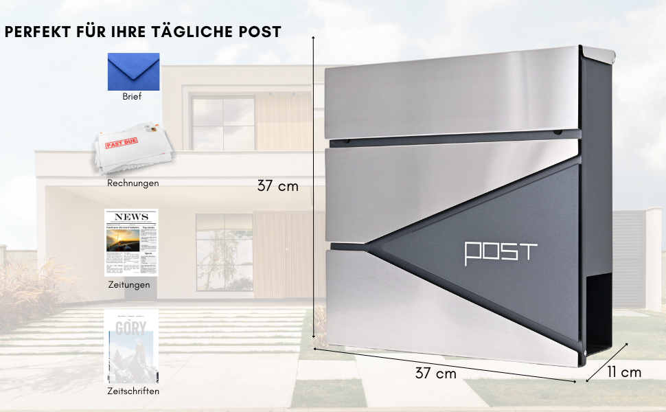 Поштовий ящик Verda з газетницею, нержавіюча сталь, антрацит, 2 ключі - дизайнерський настінний поштовий ящик з прихованим замком