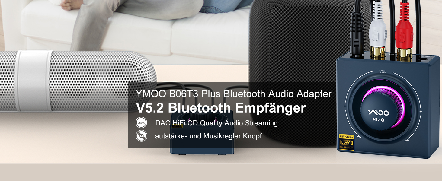 Bluetooth аудіоприймач YMOO B06T3 Pro: AUX адаптер для стереосистеми, TV, PC, телефону. Підтримка Bluetooth 5.3, HiFi, 3.5mm jack, Cinch, 15м радіус дії