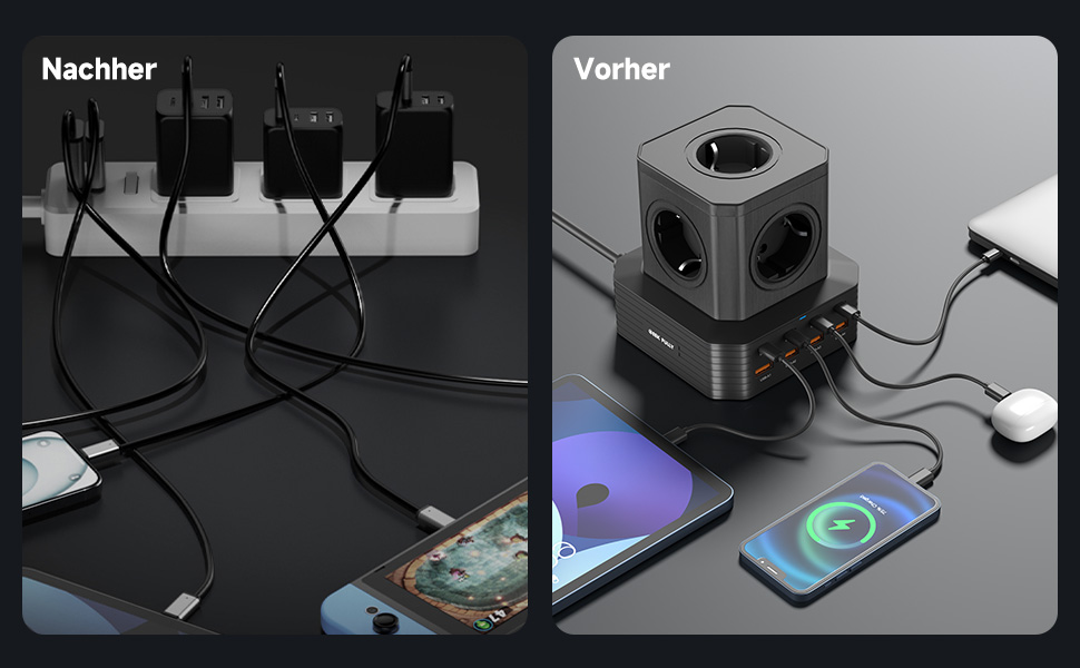 Мережевий фільтр з USB-портами Power Tower - зарядний станція для дому, офісу та студентів. 5 розеток AC, 8 USB (4 USB-C), 2м кабелю, захист від перевантаження