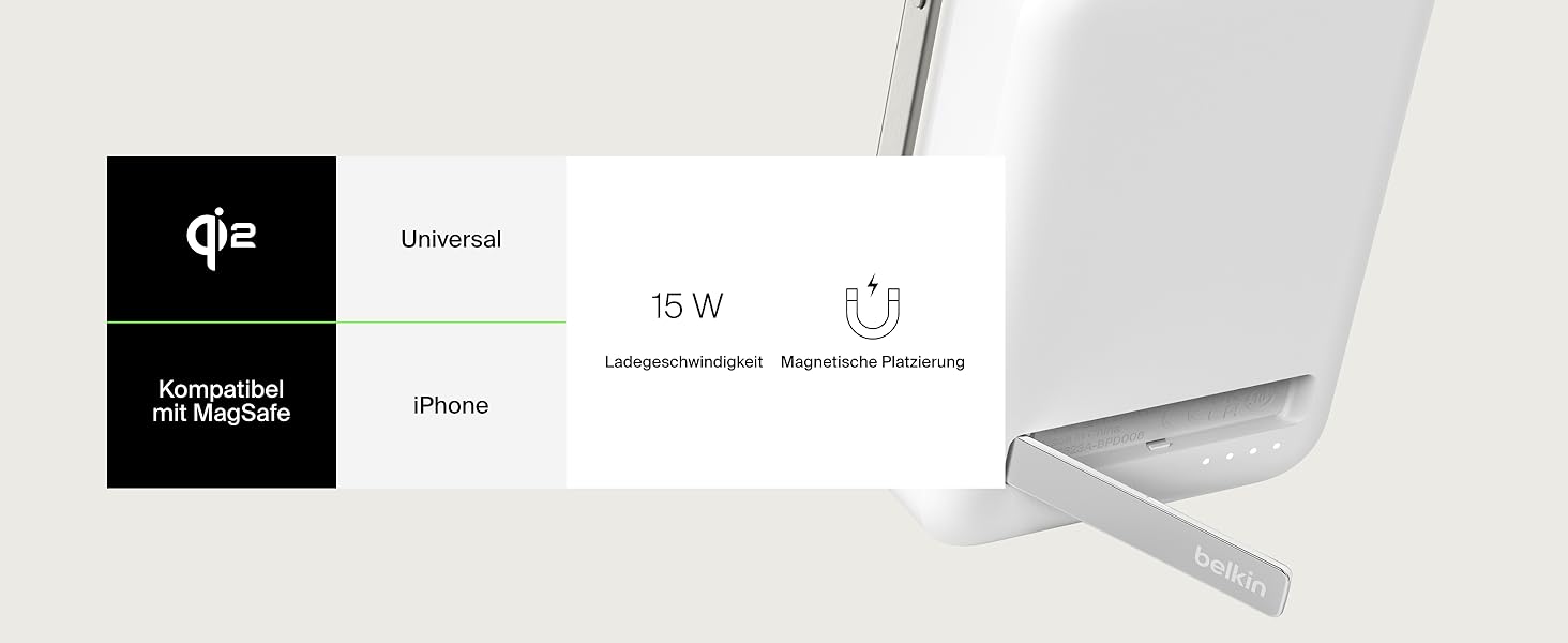 Бездротовий павербанк Belkin BoostCharge Pro 10000mAh з підтримкою Qi2 та MagSafe, портативний зарядний пристрій зі стійкою для iPhone 16, 15, 14, Pixel — Білий