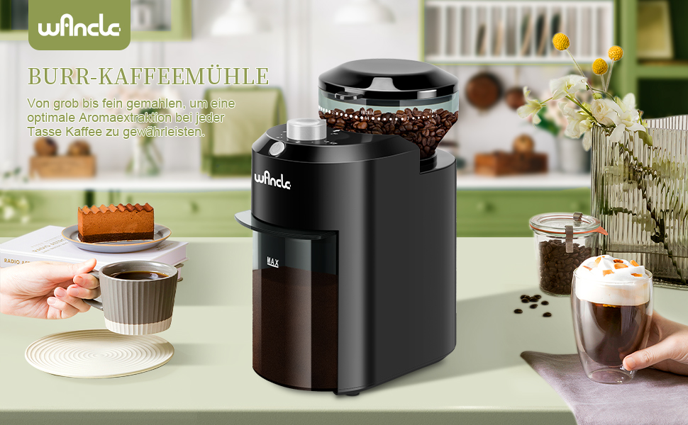 Електрична кавомолка Wancle з регулюванням помелу - для кавових зерен, 28 ступенів, 12 чашок (чорний+срібло, пластик)