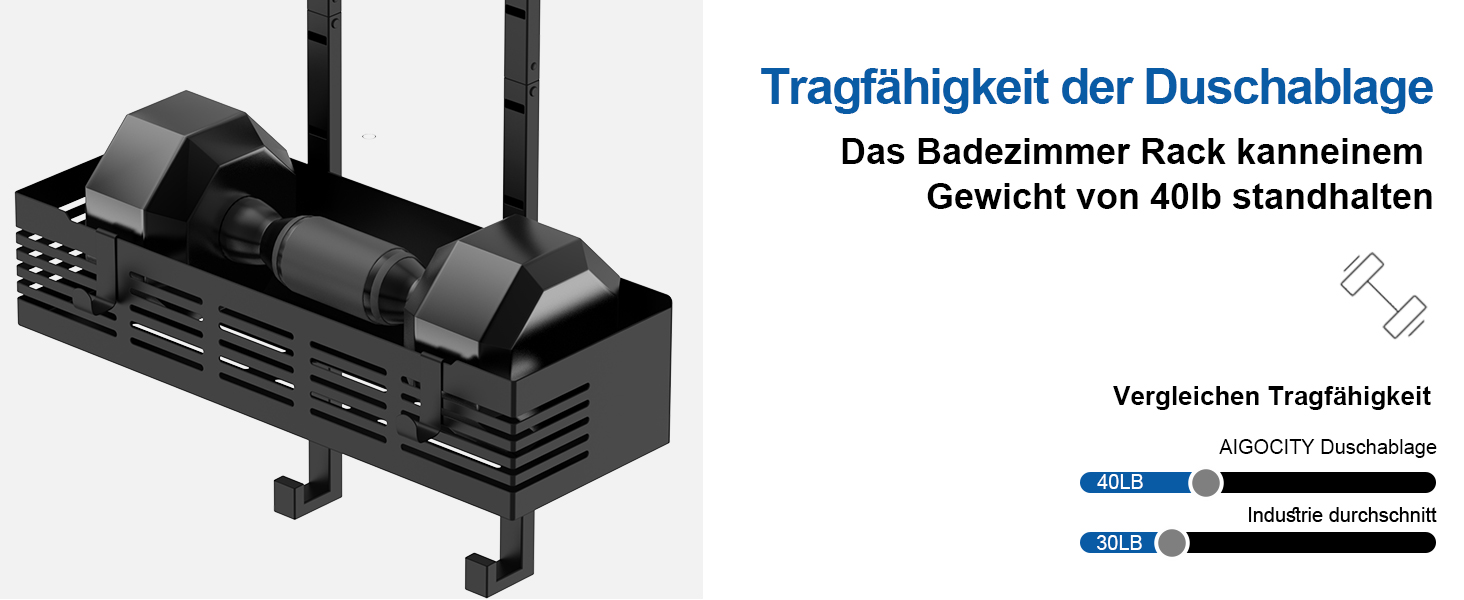 Поличка для душу AIGOCITY без свердління, чорна, для скляних душових кабін, з 3 гачками, регульована висота, для шампуню та гелю для душу