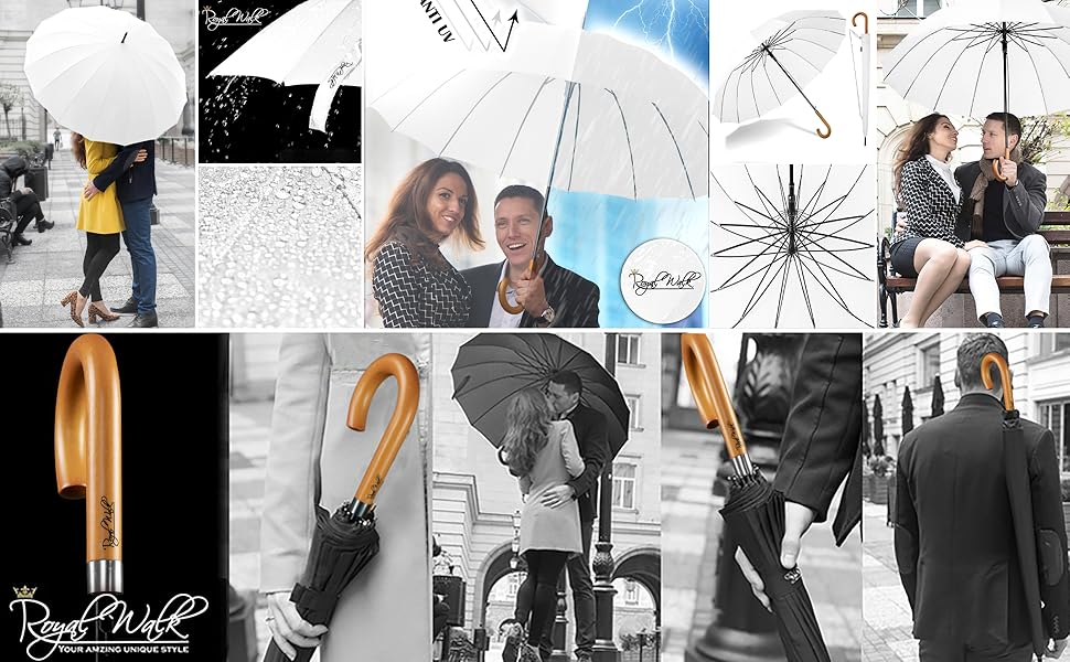 Royal Walk Automatic Travel Golf Umbrella - 54 Inch, Windproof, Waterproof, 2-Person, Wooden Handle, 16 Ribs, Unisex