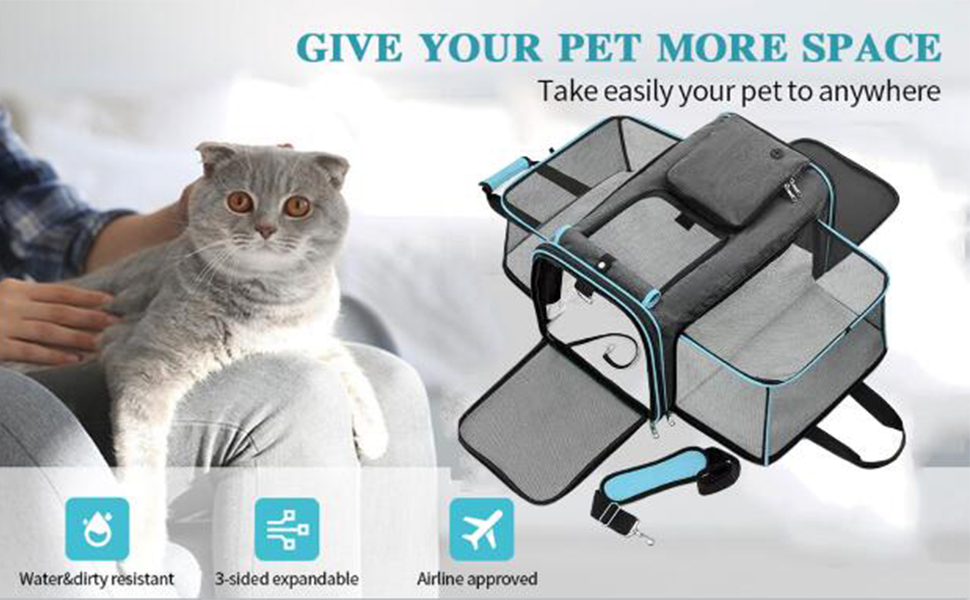 Транспортна сумка для котів та собак, розширювана, складана переноска для кота/собаки, сіра з блакитним, L