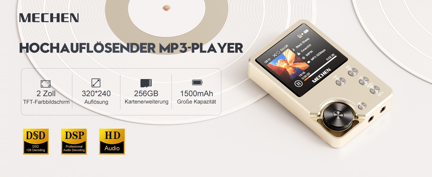 MECHEN M30: Аудіоплеєр Hi-Res MP3, DSD FLAC DAC з 64GB, підтримка до 256GB (Золотий)
