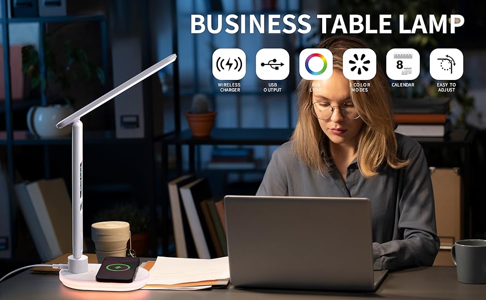 LED настільна лампа з USB зарядкою, годинником, LCD дисплеєм та регулюванням температури для спальні, офісу (біла)