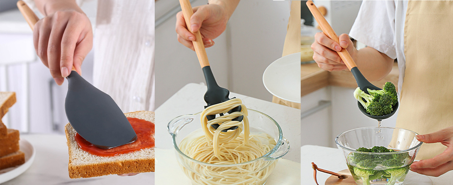 Набір кухонних аксесуарів 12 шт. з силікону з дерев'яними ручками, термостійкий антипригарний набір посуду: щипці, лопатки, ложки. Бежевий колір