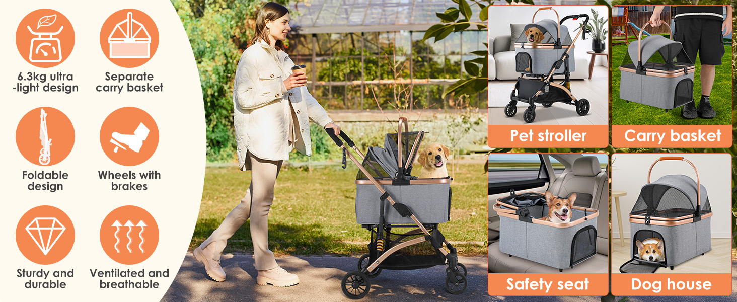 Візок для собак Mamizо 3 в 1: візок, переноска, сумка, до 20 кг, сірий
