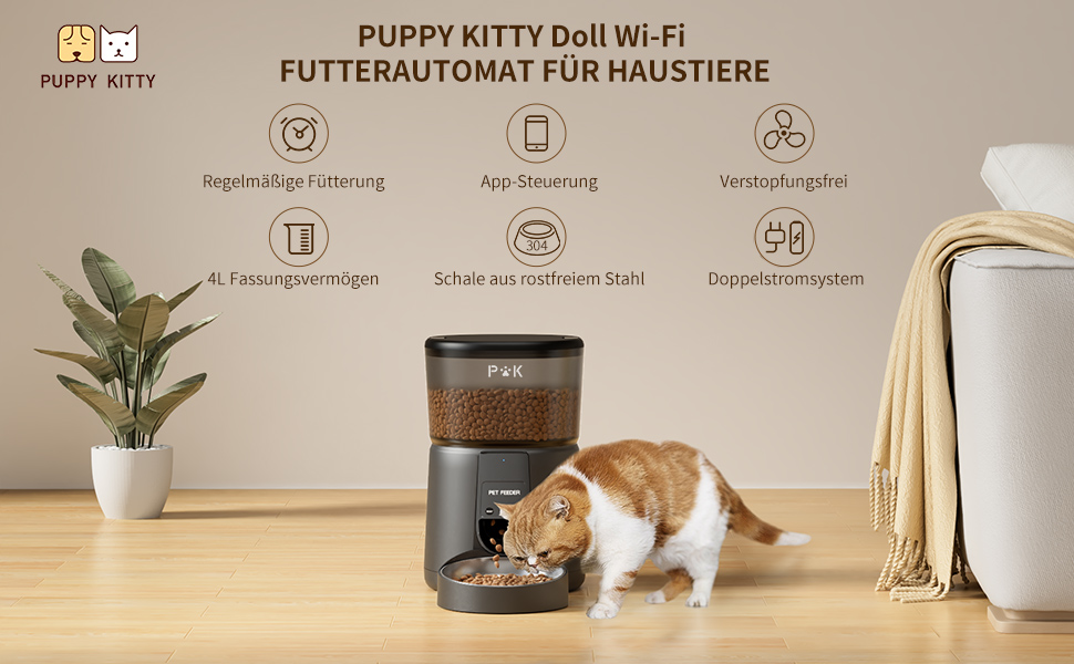 Автоматичний годівниця для котів PUPPY KITTY з камерою 1080P, WiFi, моніторингом відео та аудіо, нічне бачення, миска з нержавіючої сталі, 1-8 прийомів на день (Чорний)