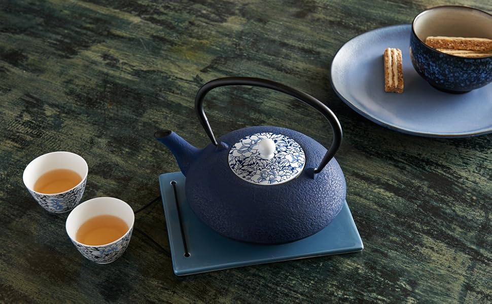 Bredemeijer Blue Flat Asia Teapot 1.1 Liter Cast Iron - Asia Cast Pot with Stainless Steel Tea Filter (200x160x115, Black)