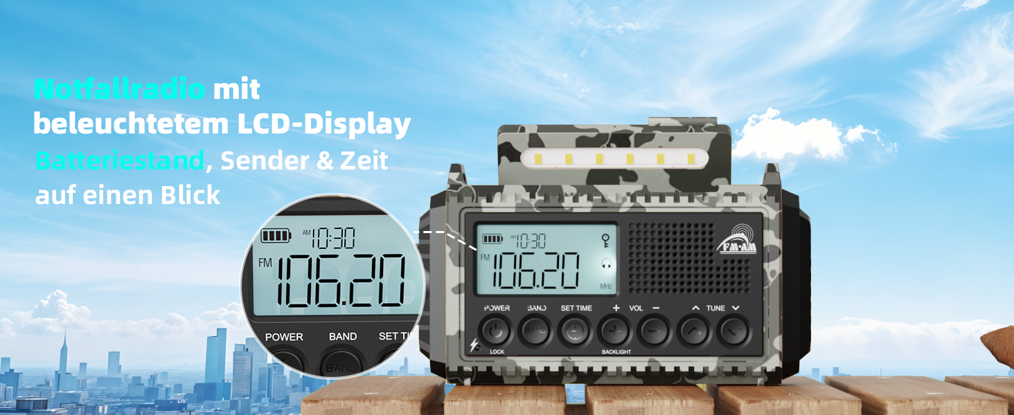 Радіо Roxicosly з ручним приводом, аварійне радіо з Power Bank, AM/FM/SW радіо, радіо з ручним приводом та 5 функціями, світовий приймач, ліхтарик та зарядний пристрій, для відпочинку на природі, кемпінгу та походів (Сірий камуфляж, 12000mAh)