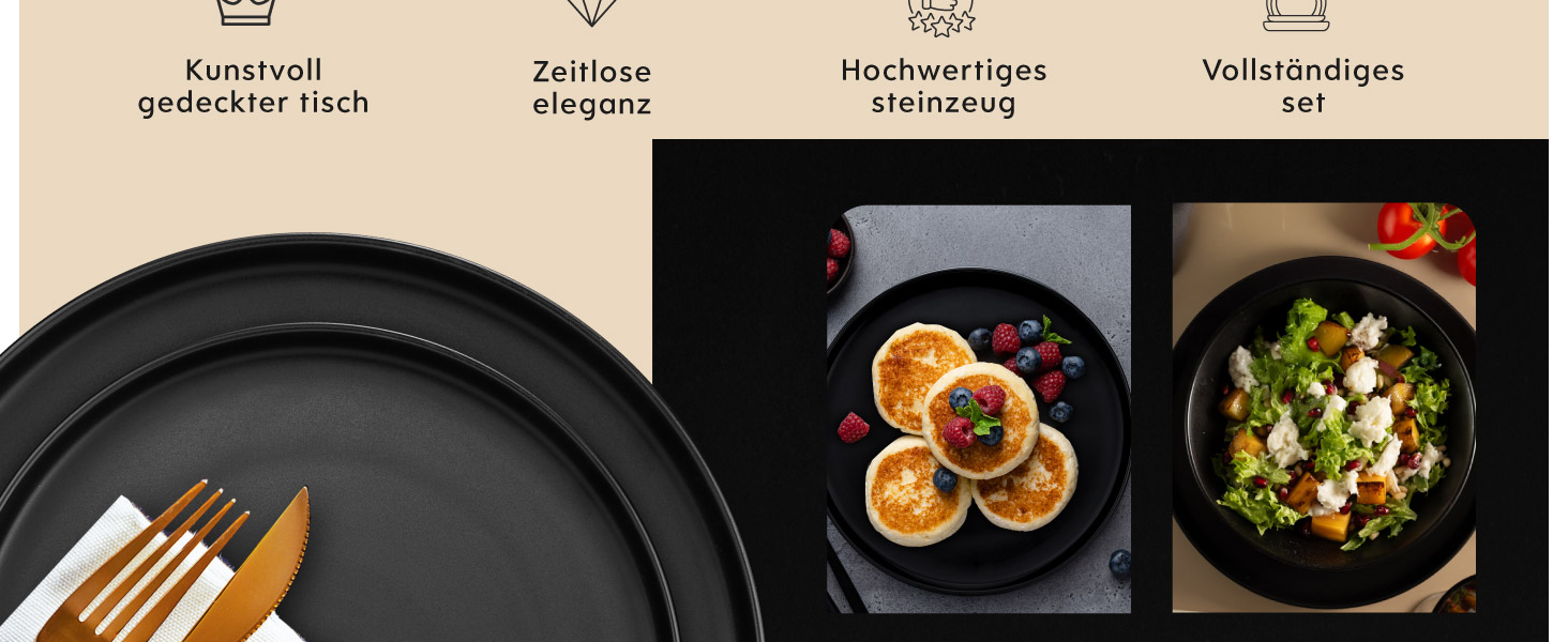 Набір посуду Twinzee Steinzeug Schwarz: 24 елементи (тарілки) - мікрохвильова та посудомийна безпека, довговічний та елегантний комплект
