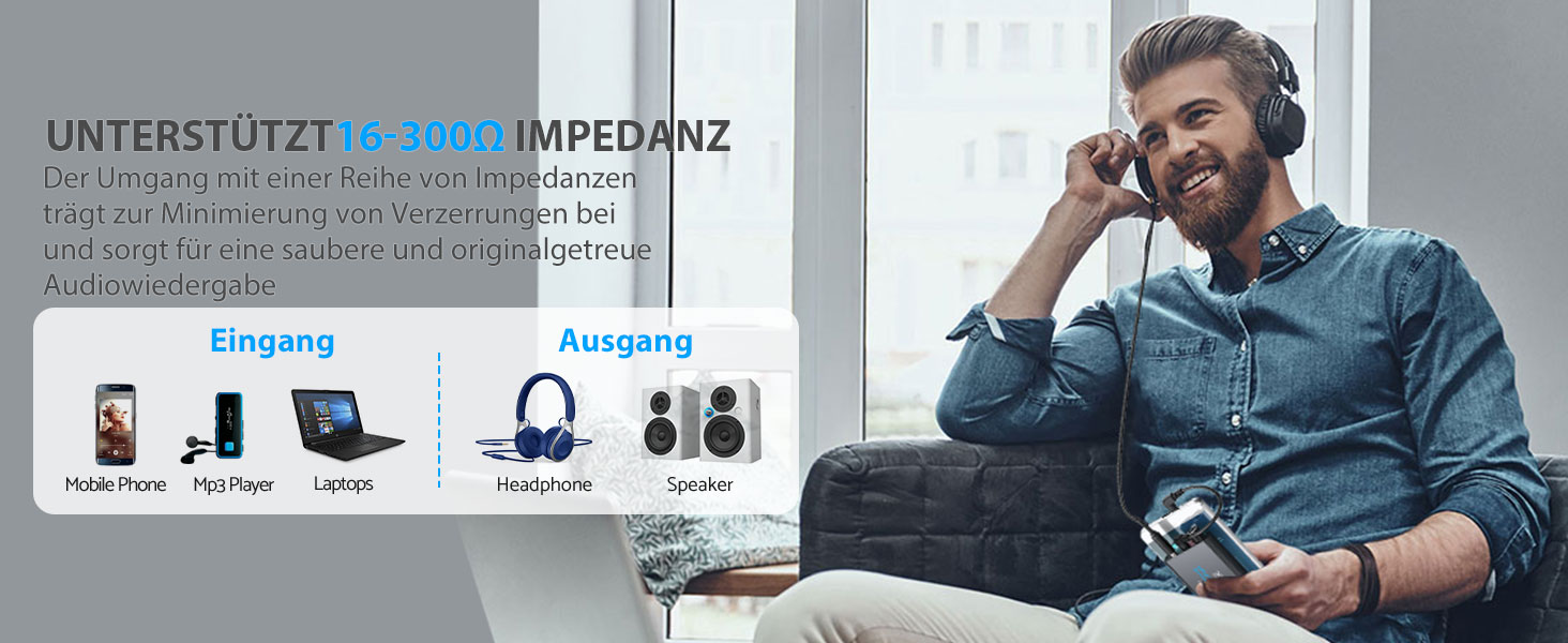 eSynic Професійний підсилювач навушників з підсиленням басів, 16-300 Ом, портативний, 3.5mm, для MP3, MP4, телефонів, комп'ютерів