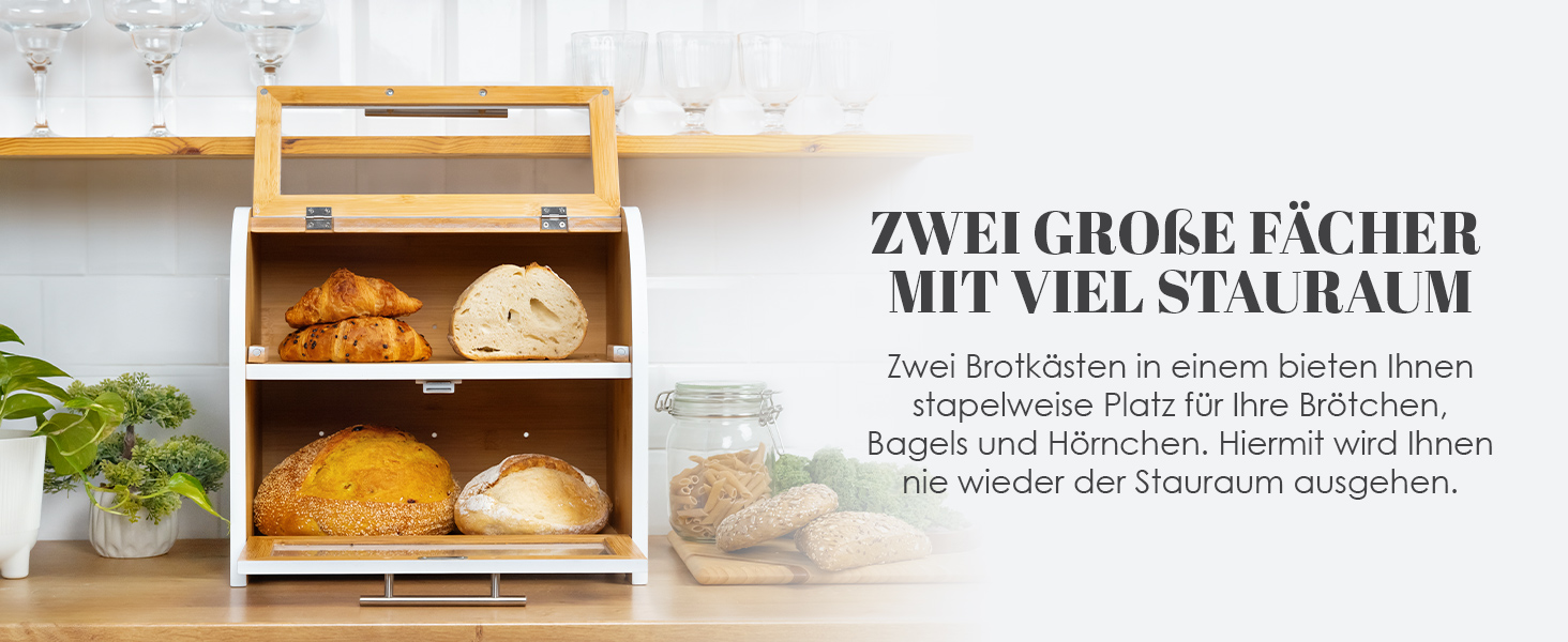 Бредониця Arise з вентиляцією, велика для зберігання хліба, 2 полиці та вікно, дерев'яна для хліба, булок, зберігання. 40 x 26 x 37, бамбук White, самостійна збірка