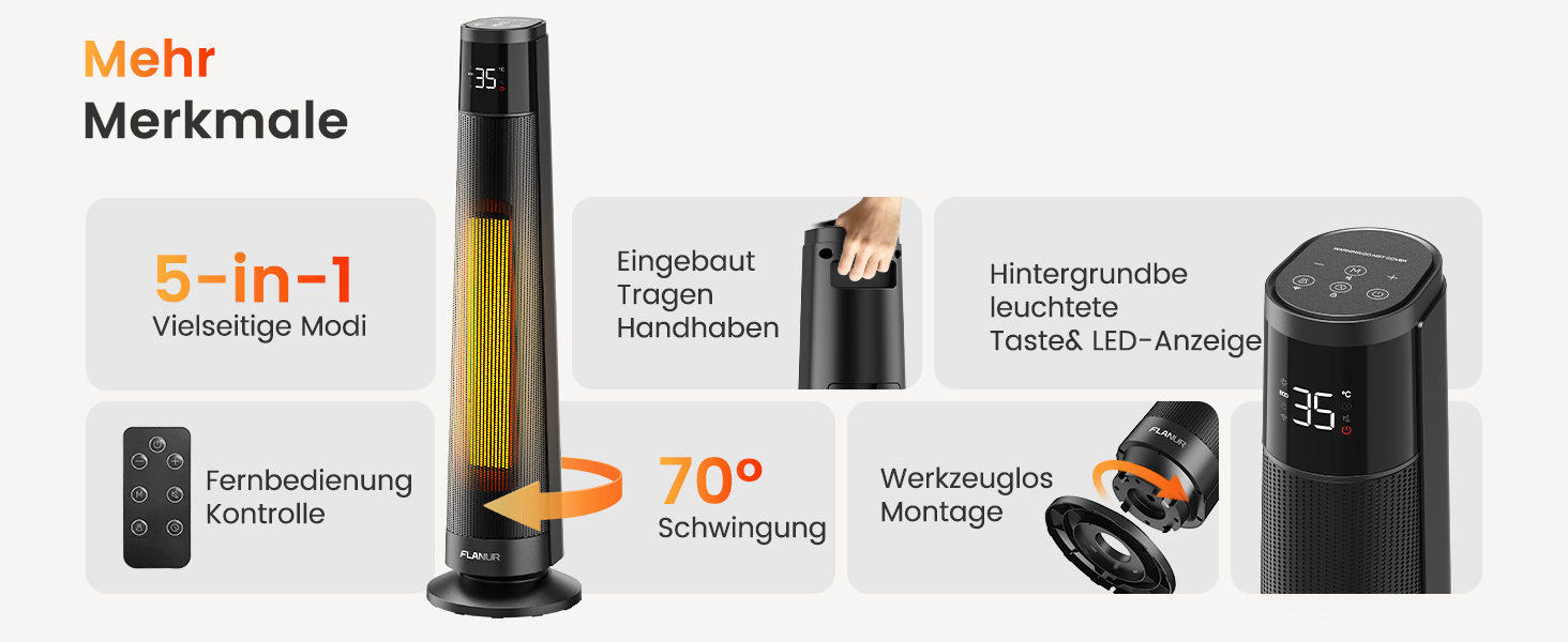 Електричний обігрівач PTC 2000W з керамічним нагрівачем, тихий, з термостатом та пультом керування, ECO режим, 70° осциляція, 12h таймер, захист від перегріву та перекидання, чорний, 1 шт.