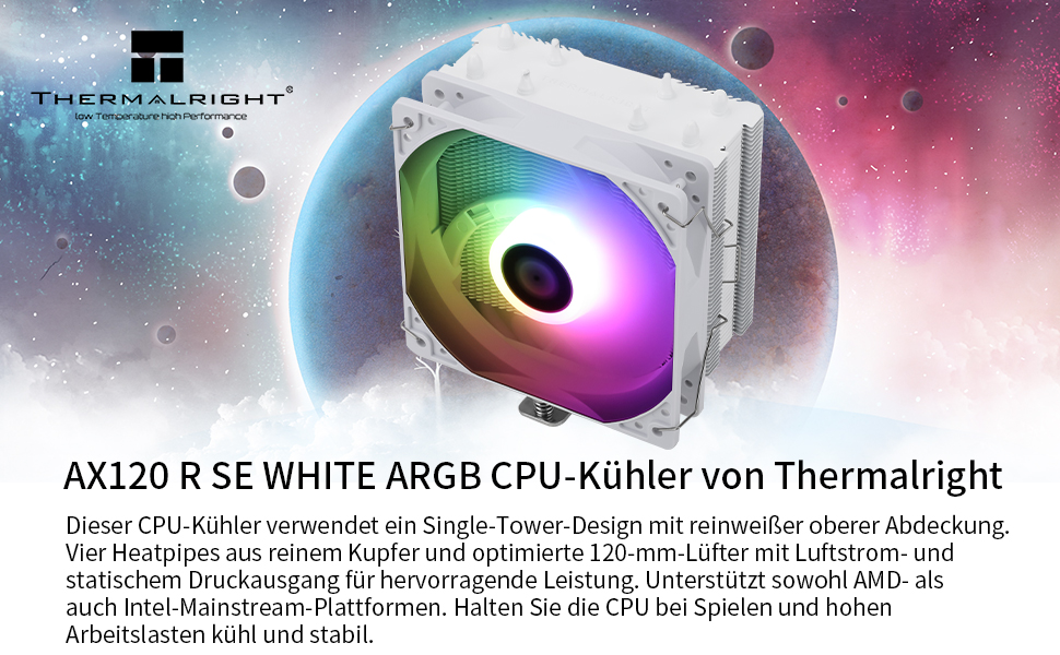 AssassinX120 SE White ARGB CPU-кулер: 4 heatpipes, тиха система охолодження, сумісний з AMD AM4/AM5 та Intel 1700/1150/1151/1200