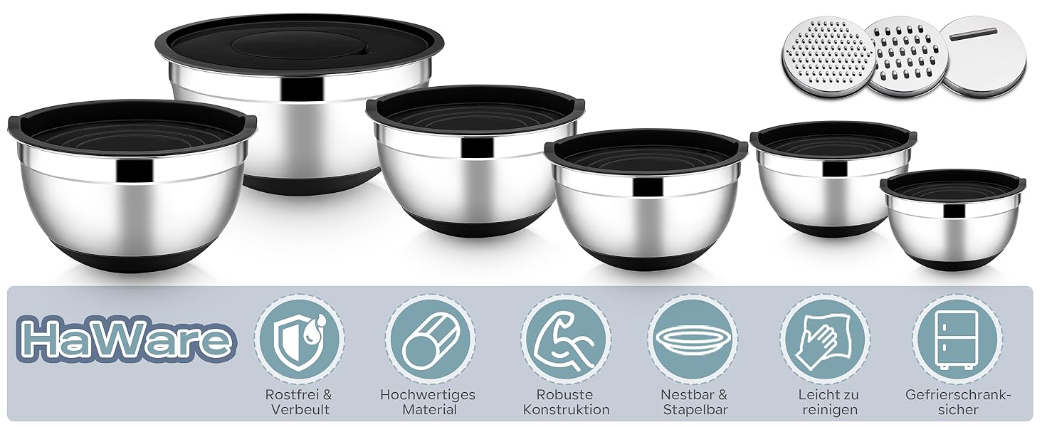 HaWare Mixing Bowl Set of 6, Stainless Steel Bowl Salad Bowl Set with Airtight Lid & 3 Grater Attachments, 4.6L/2.8L/2.5L/1.6L/1.2L/0.7L, Non-Slip Silicone Bottom & Dishwasher Safe, Black