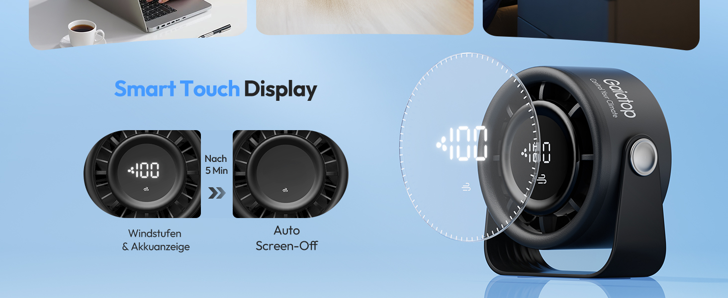 Портативний акумуляторний вентилятор Gaiatop з USB, 5 швидкостей, тиха робота, сенсорне управління, 360° обертання, для дому та офісу, чорний