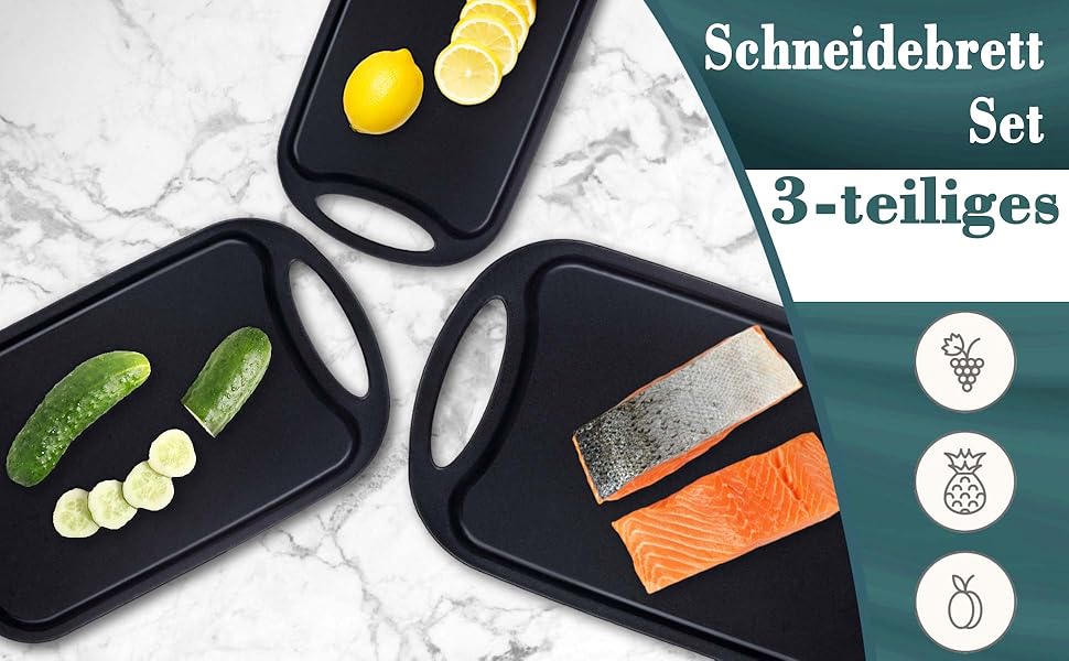 Набір з 3 дерев'яних обробних дощок Hunnycook: велика, середня, маленька, з жолобками для соку, антибактеріальні, чорні, BPA-free, для миття в посудомийній машині