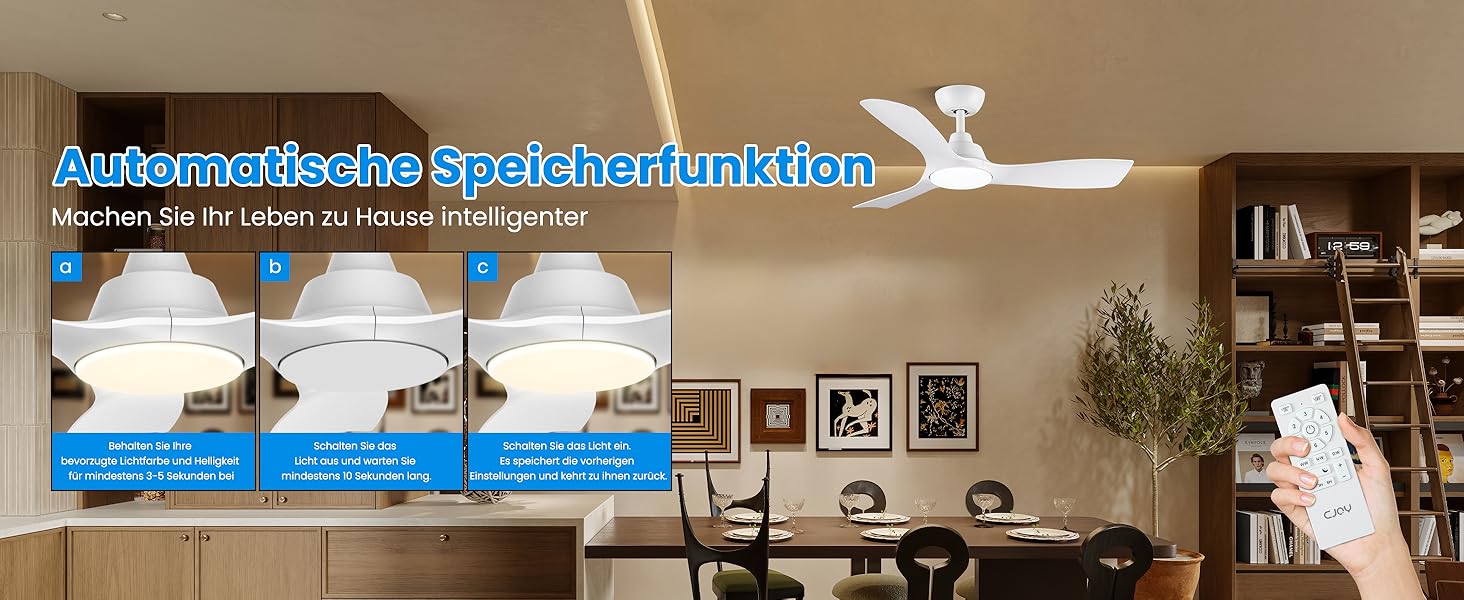 Стеляний вентилятор CJOY з підсвіткою, 107 см, з пультом керування, DC, тихий, з функцією реверсу, пам'ять 3CCT, диммування, 6 швидкостей, таймер для спальні, білий