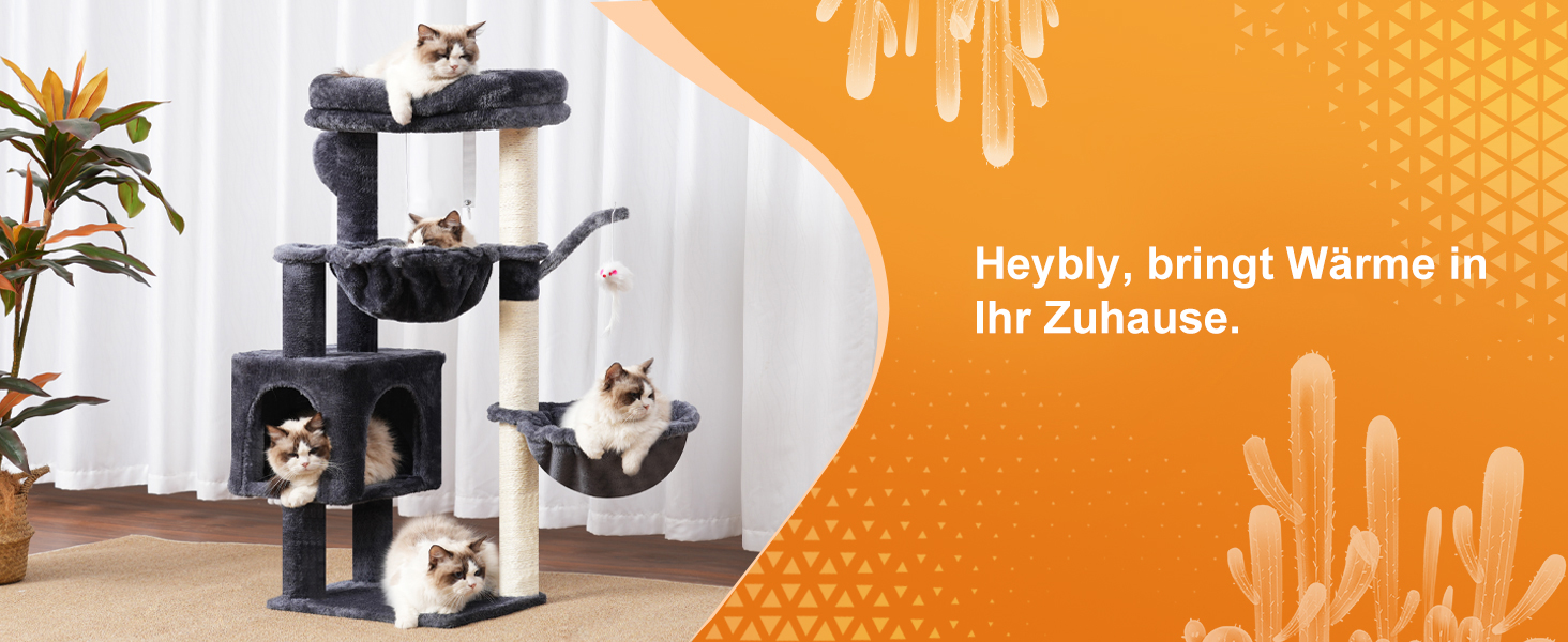 Кігтеточка-кімнатний комплекс Heybly Kratzbaum 100см з платформою, гротою, 2 гамаками та іграшками. Колір: сірий. Модель: HCT006SG